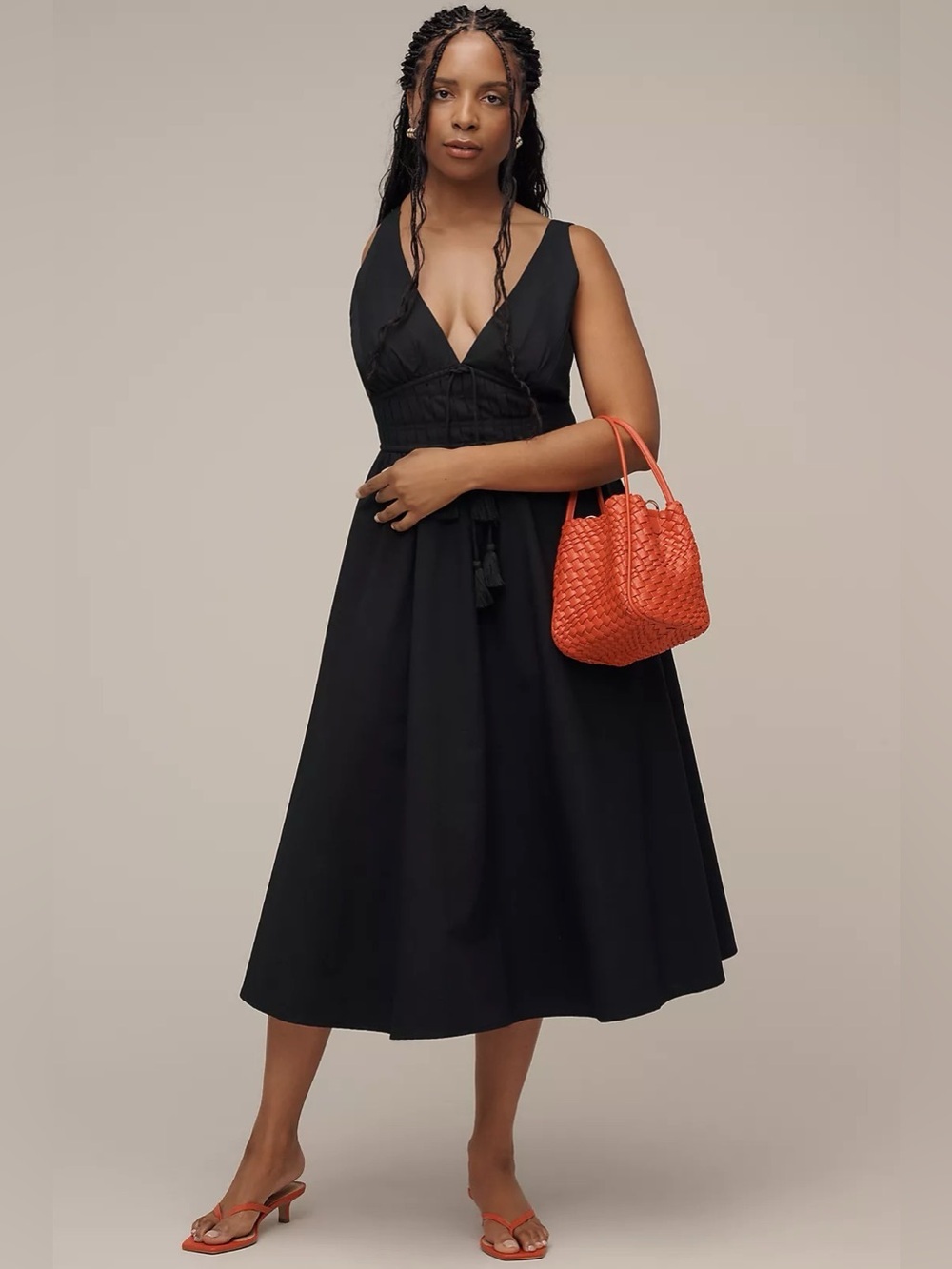 Maeve Sleeveless Black V-Neck Tie Waisted Midi Dress